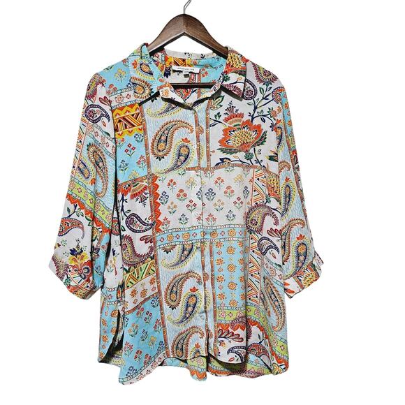 Rose & Olive Button-Up Top Paisley Patchwork Desigh Women's Size 1X Boho Trendy - Picture 1 of 6